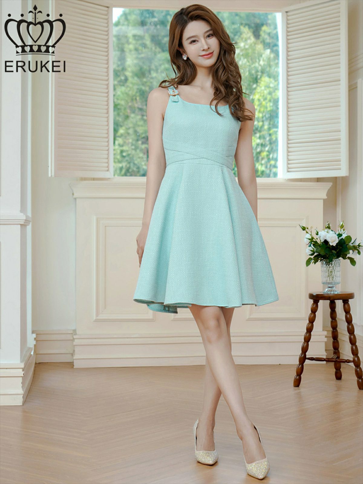 ERUKEI エルケイ グリーン ノースリーブ・ベルト風・サマーツイード・Aライン・ミニドレス・ワンピース ek-e24208