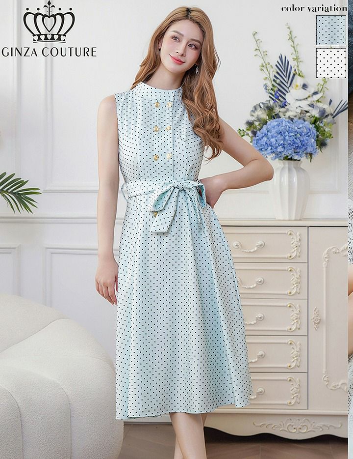 ERUKEI エルケイ  ドット・金ボタン・ポケット・リボンベルト・ノースリーブ・Aライン・ミディアムドレス・ワンピース ek-c36005a