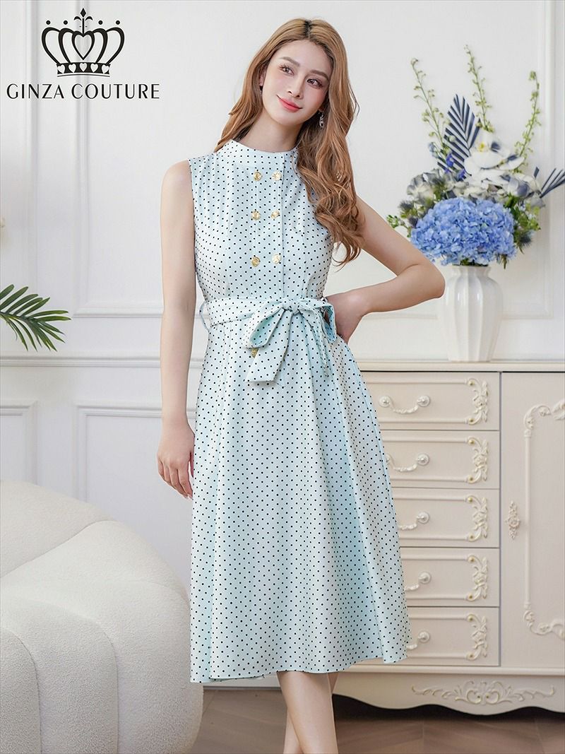 ERUKEI エルケイ ドット・金ボタン・ポケット・リボンベルト・ノースリーブ・Aライン・ミディアムドレス・ワンピース ek-c36005a