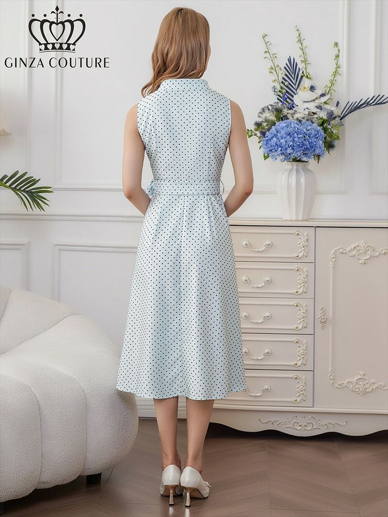 ERUKEI エルケイ ドット・金ボタン・ポケット・リボンベルト・ノースリーブ・Aライン・ミディアムドレス・ワンピース ek-c36005a