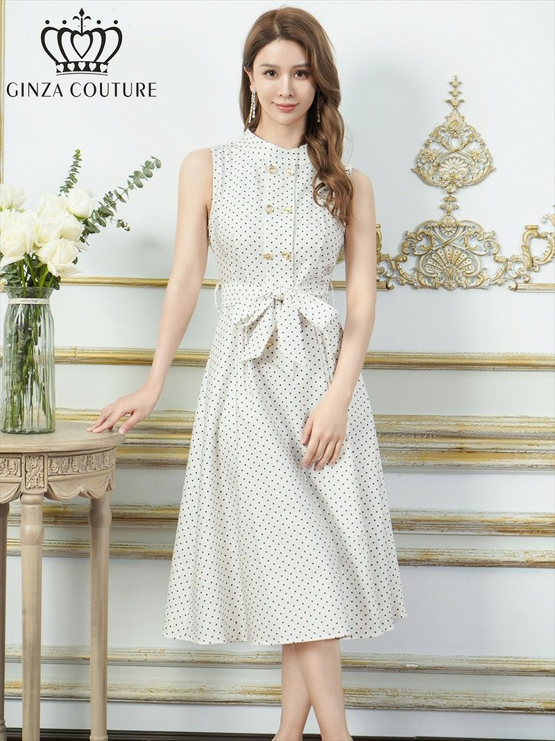ERUKEI エルケイ  ドット・金ボタン・ポケット・リボンベルト・ノースリーブ・Aライン・ミディアムドレス・ワンピース ek-c36005a