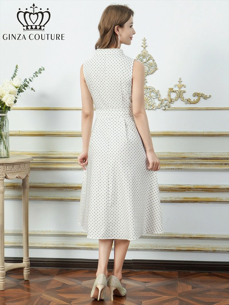 ERUKEI エルケイ  ドット・金ボタン・ポケット・リボンベルト・ノースリーブ・Aライン・ミディアムドレス・ワンピース ek-c36005a