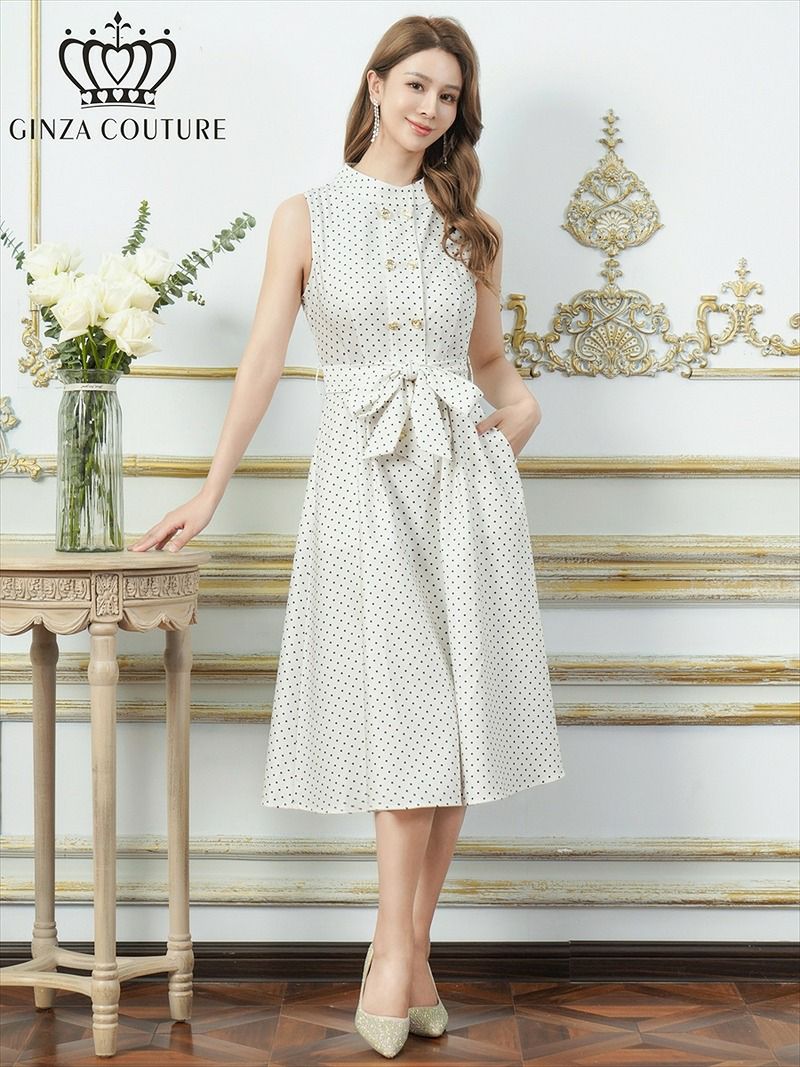 ERUKEI エルケイ  ドット・金ボタン・ポケット・リボンベルト・ノースリーブ・Aライン・ミディアムドレス・ワンピース ek-c36005a