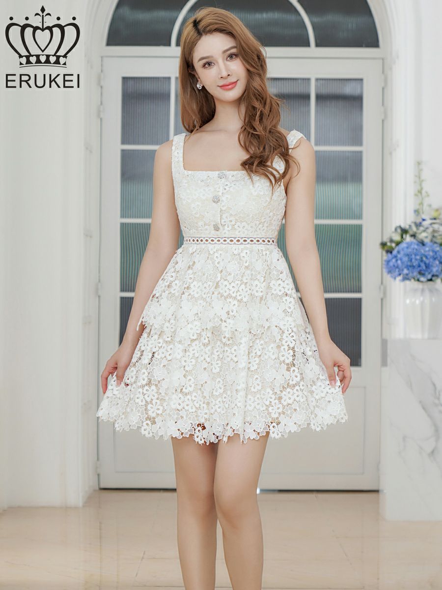 ERUKEI エルケイ スクエアネック・ケミカルレース・ビジューボタン・ティアード・Aライン・ミニドレス・ワンピース ek-e25108