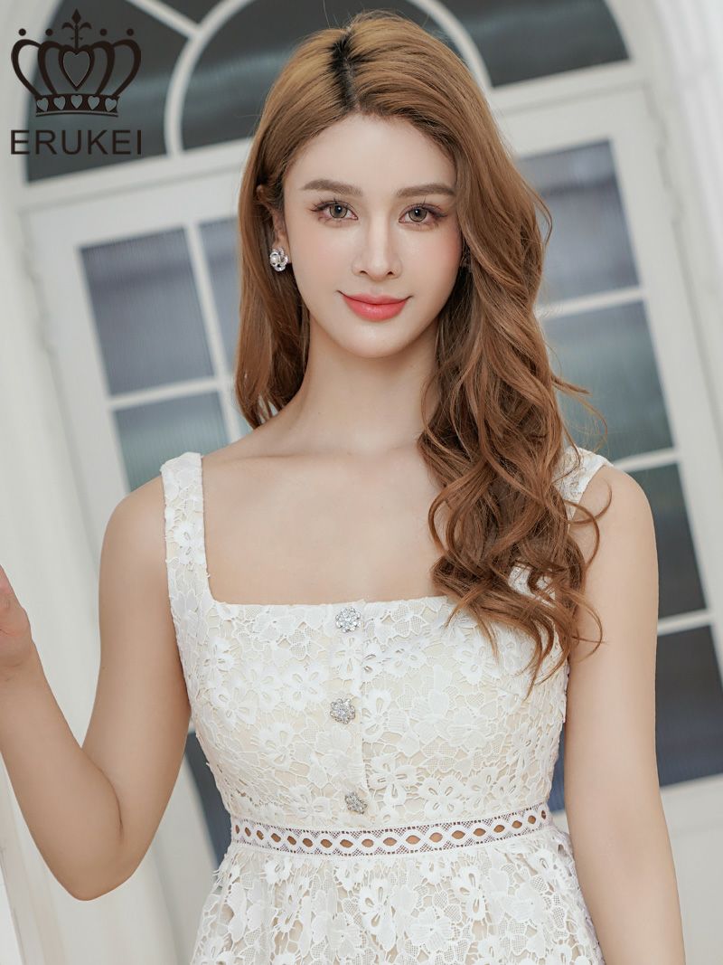 ERUKEI エルケイ スクエアネック・ケミカルレース・ビジューボタン・ティアード・Aライン・ミニドレス・ワンピース ek-e25108