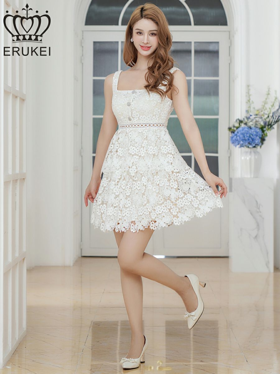 ERUKEI エルケイ スクエアネック・ケミカルレース・ビジューボタン・ティアード・Aライン・ミニドレス・ワンピース ek-e25108