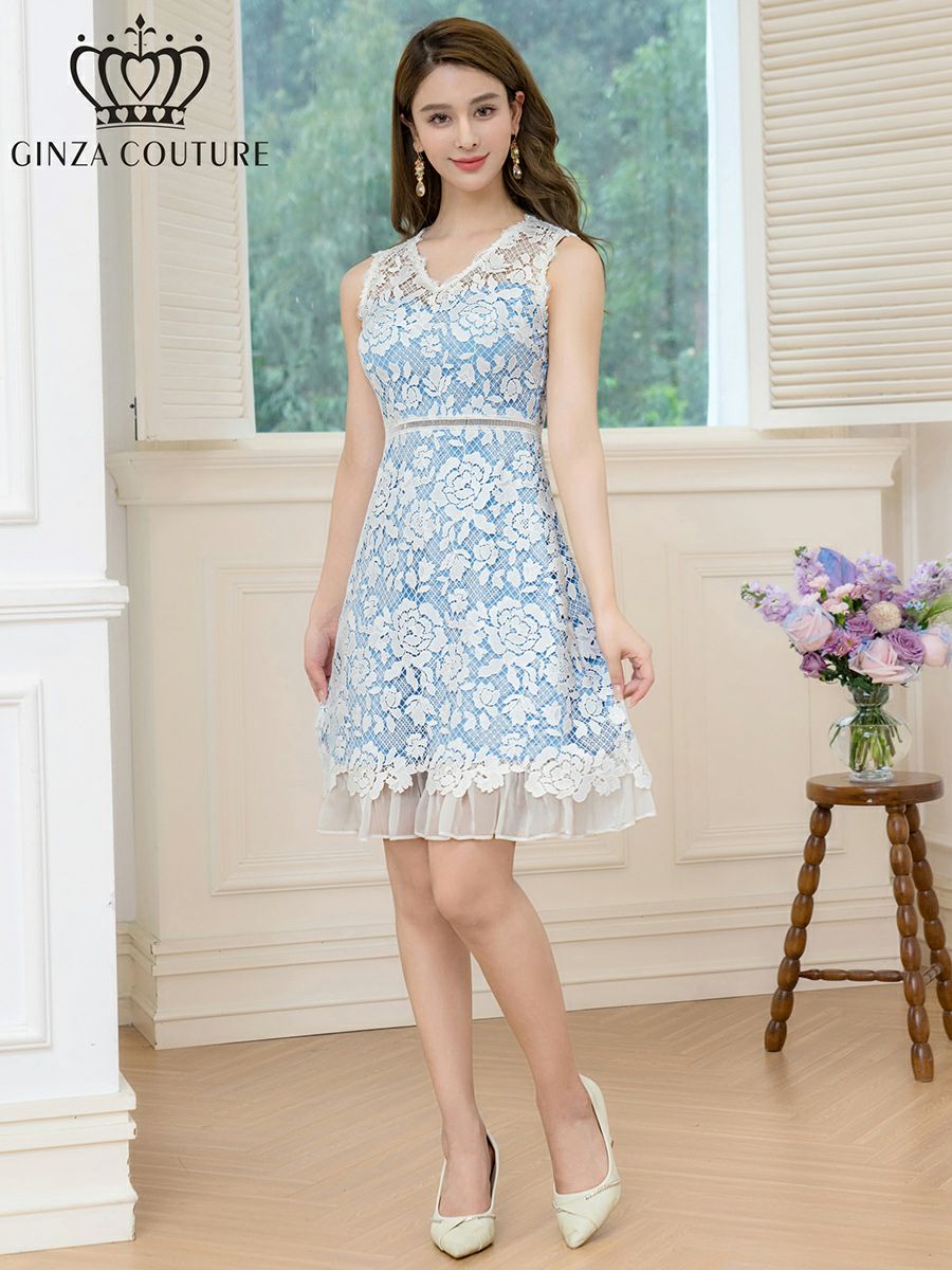  ERUKEI エルケイ レース・Vネック・ノースリーブ・切替・Aライン・ミニドレス・ワンピース ek-c24130