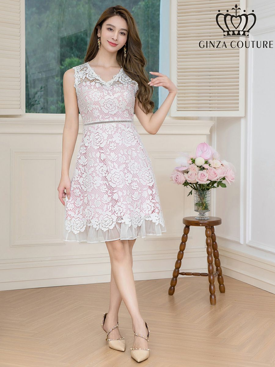  ERUKEI エルケイ レース・Vネック・ノースリーブ・切替・Aライン・ミニドレス・ワンピース ek-c24130