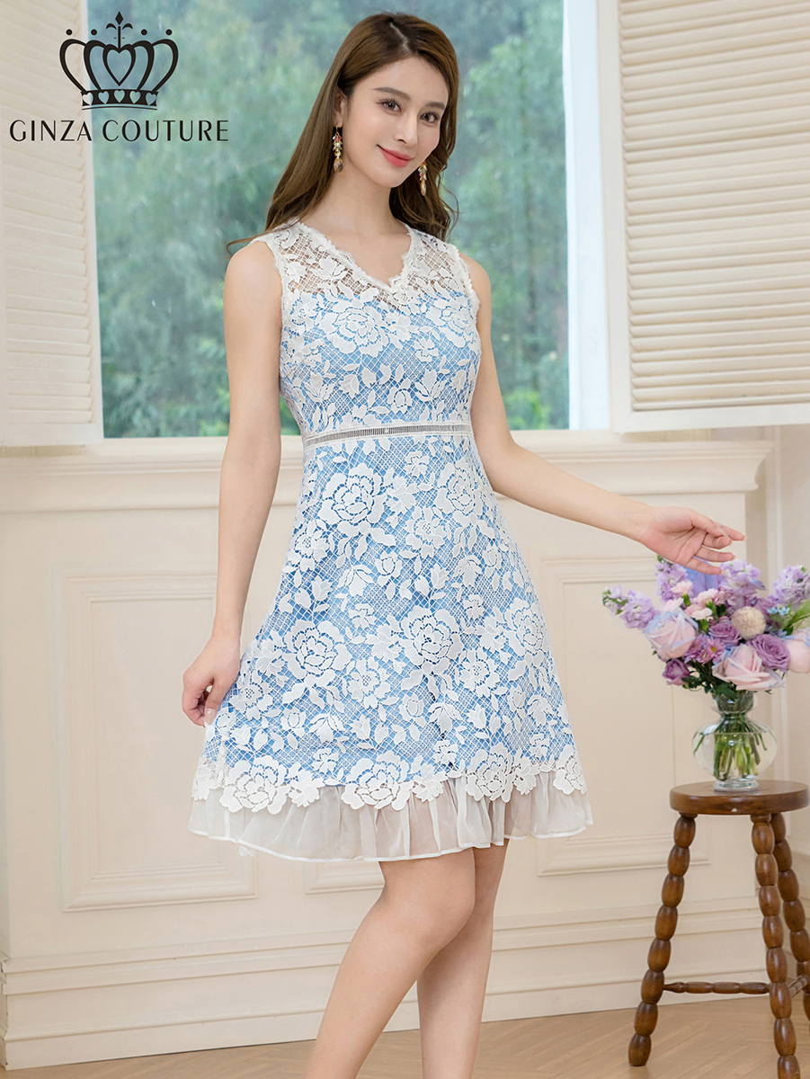  ERUKEI エルケイ レース・Vネック・ノースリーブ・切替・Aライン・ミニドレス・ワンピース ek-c24130