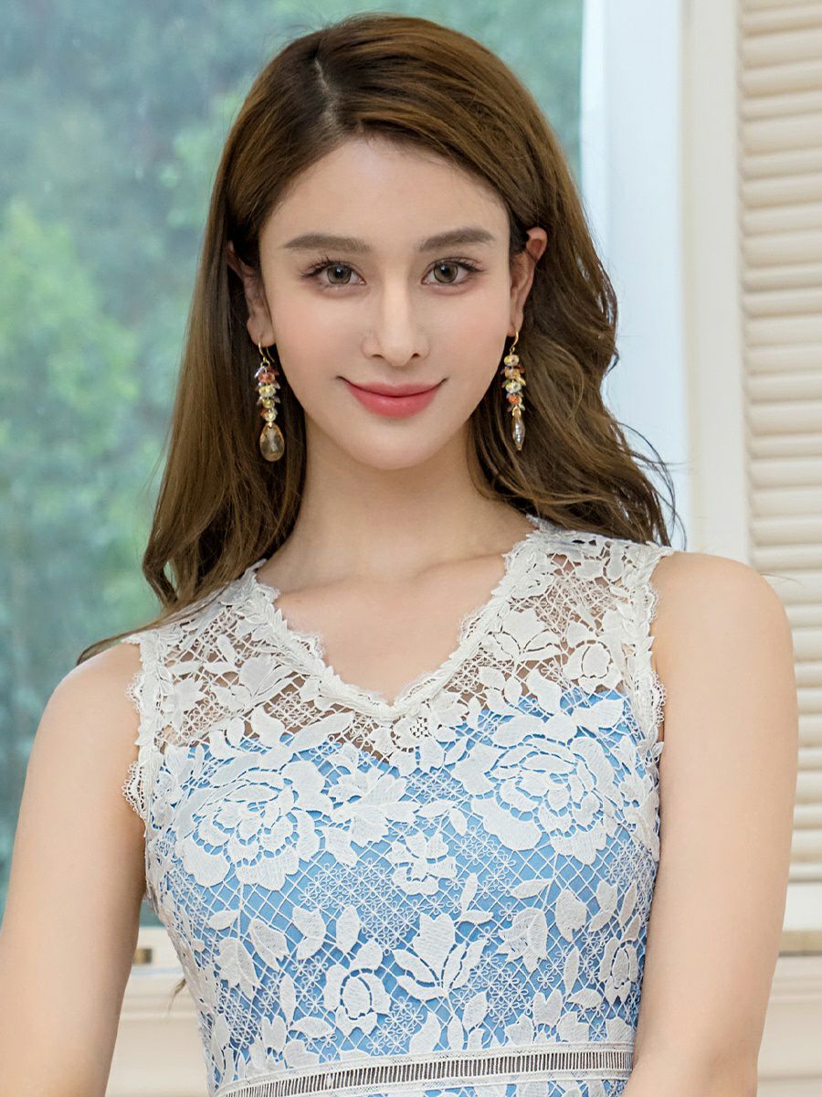  ERUKEI エルケイ レース・Vネック・ノースリーブ・切替・Aライン・ミニドレス・ワンピース ek-c24130