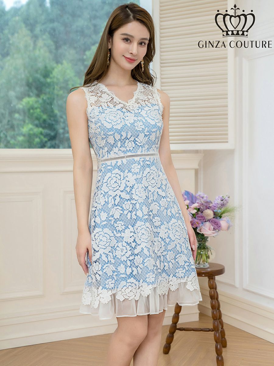  ERUKEI エルケイ レース・Vネック・ノースリーブ・切替・Aライン・ミニドレス・ワンピース ek-c24130