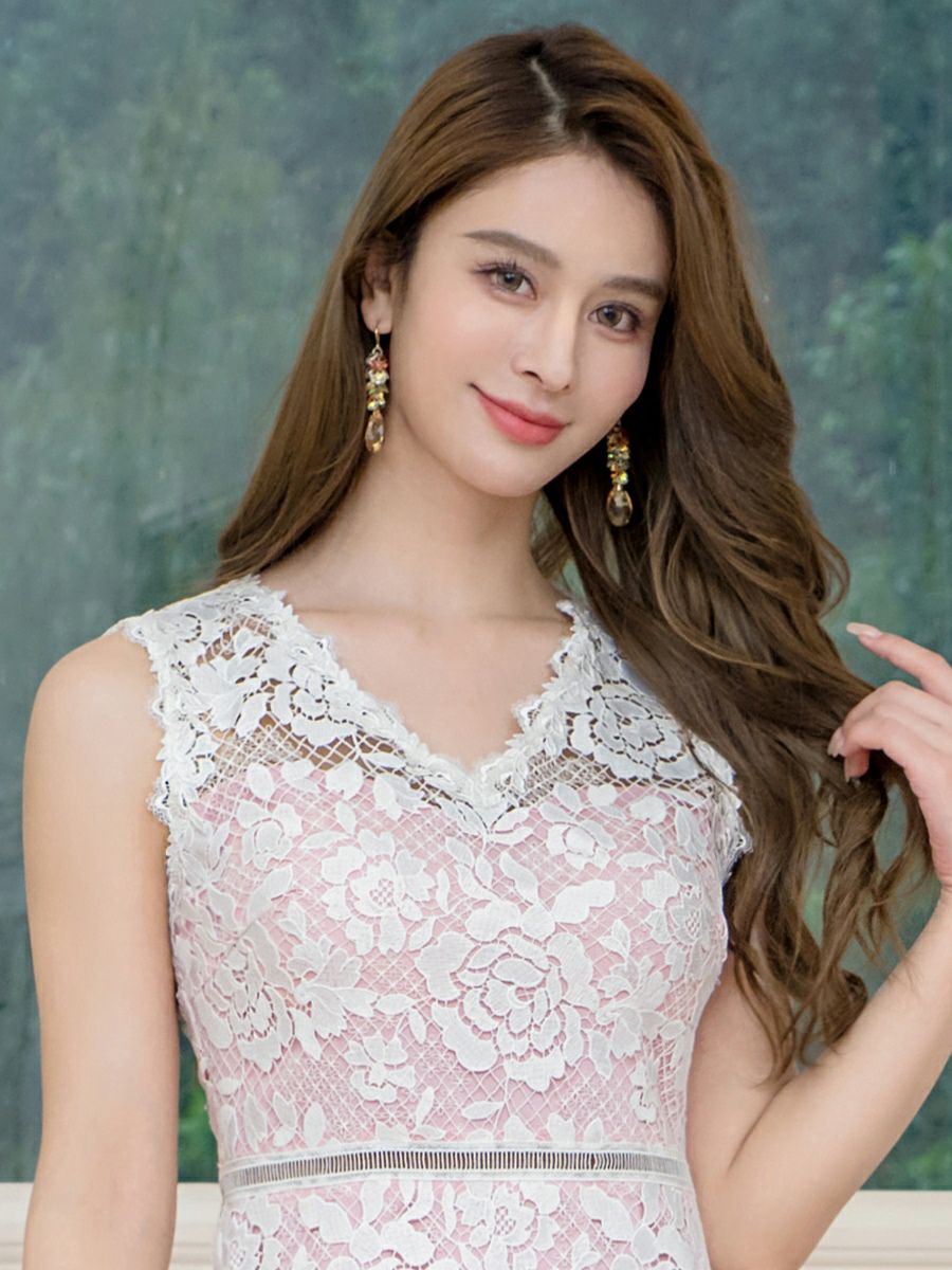  ERUKEI エルケイ レース・Vネック・ノースリーブ・切替・Aライン・ミニドレス・ワンピース ek-c24130