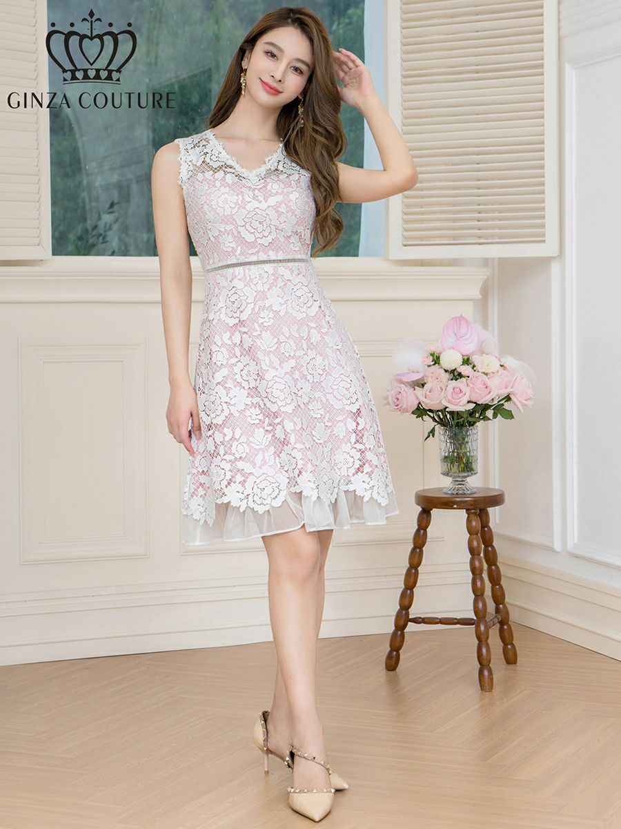  ERUKEI エルケイ レース・Vネック・ノースリーブ・切替・Aライン・ミニドレス・ワンピース ek-c24130