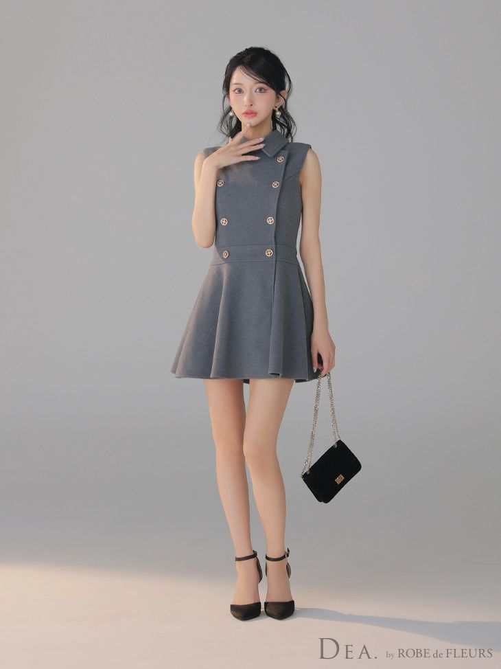 DEA. ディア バイ ローブドフルール 襟付きノースリーブダブルボタンフレアミニキャバドレス de3365