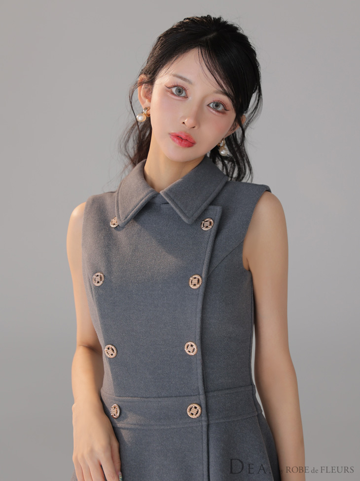 ローブドフルーフ　ダブルボタン襟付きノースリーブフレアミニキャバドレスアイボリー XS-Lサイズあり【ROBE de FLEURS/ローブドフルール】ダブルボタン/ 襟