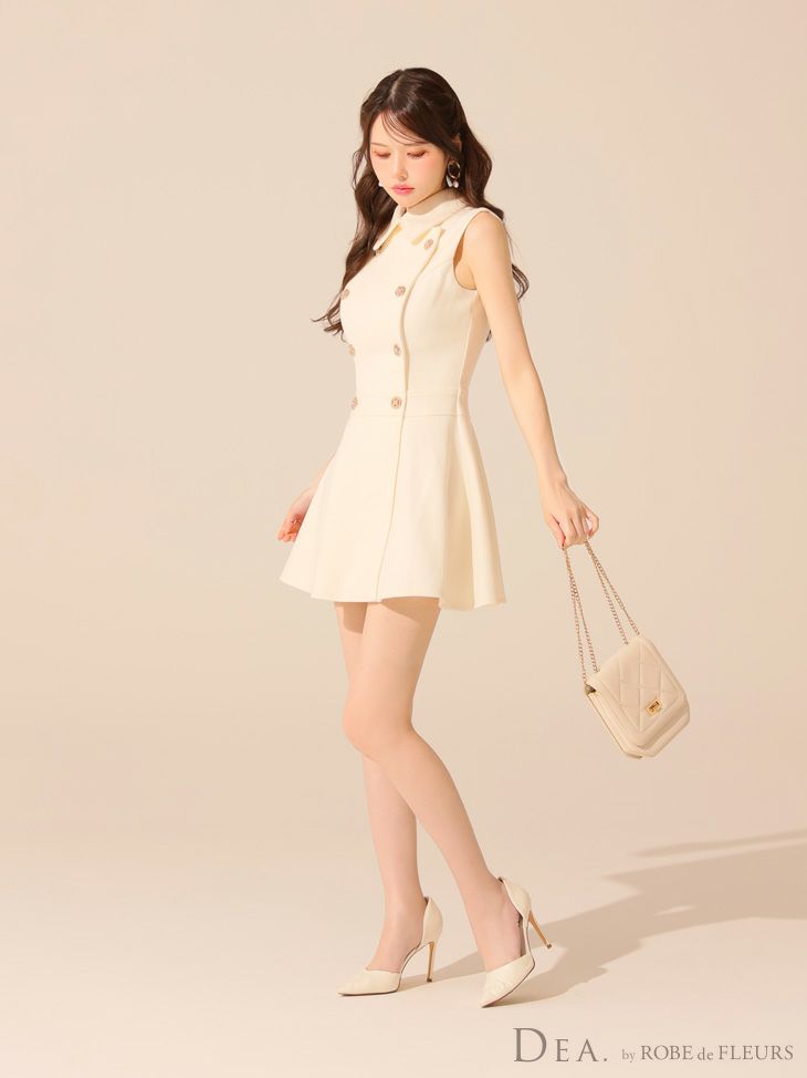 DEA. ディア バイ ローブドフルール 襟付きノースリーブダブルボタンフレアミニキャバドレス de3365