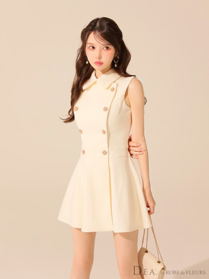 DEA. ディア バイ ローブドフルール 襟付きノースリーブダブルボタンフレアミニキャバドレス de3365