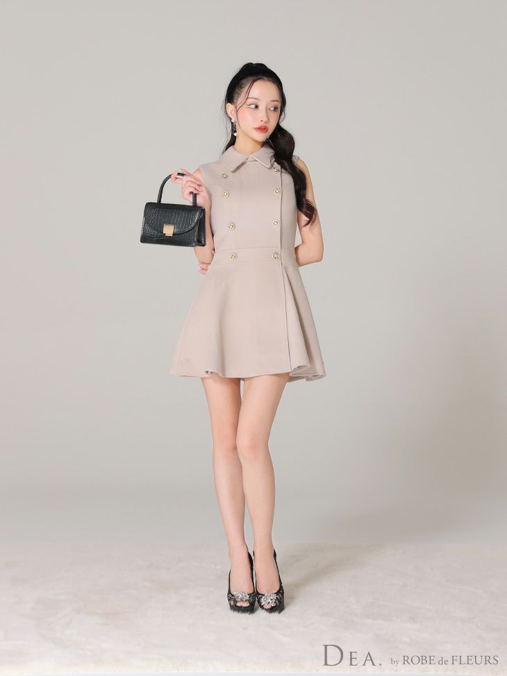 DEA. ディア バイ ローブドフルール 襟付きノースリーブダブルボタンフレアミニキャバドレス de3365