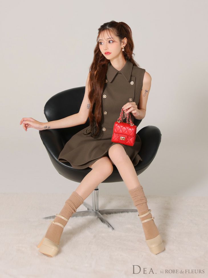 DEA. ディア バイ ローブドフルール 襟付きノースリーブダブルボタンフレアミニキャバドレス de3365