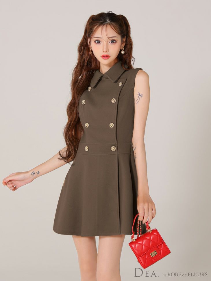 DEA. ディア バイ ローブドフルール 襟付きノースリーブダブルボタンフレアミニキャバドレス de3365