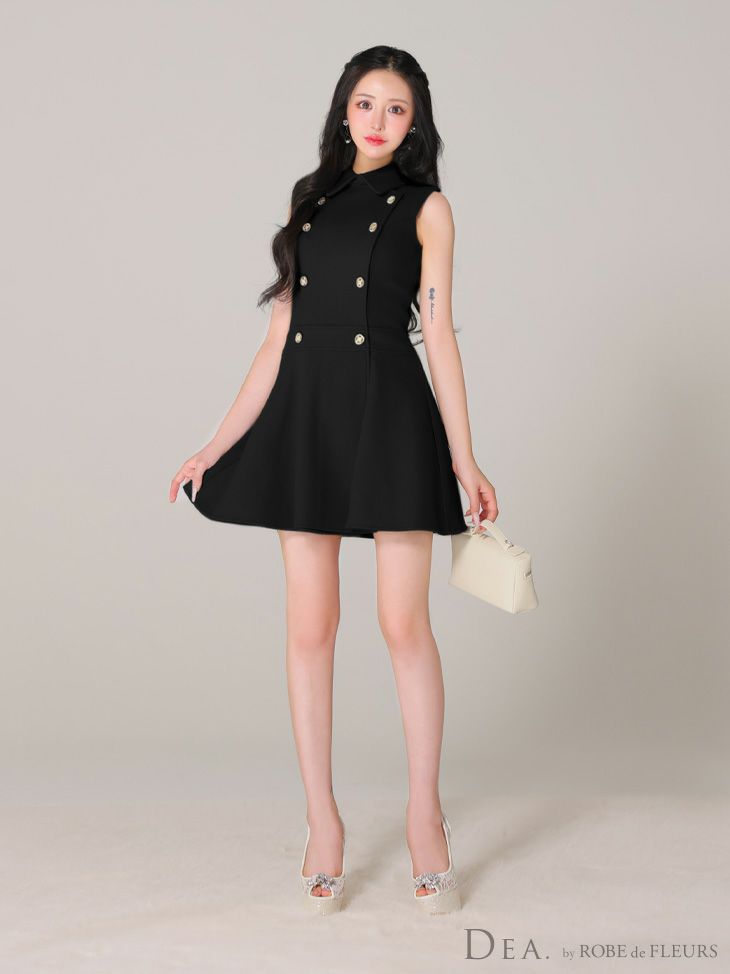 DEA. ディア バイ ローブドフルール 襟付きノースリーブダブルボタンフレアミニキャバドレス de3365