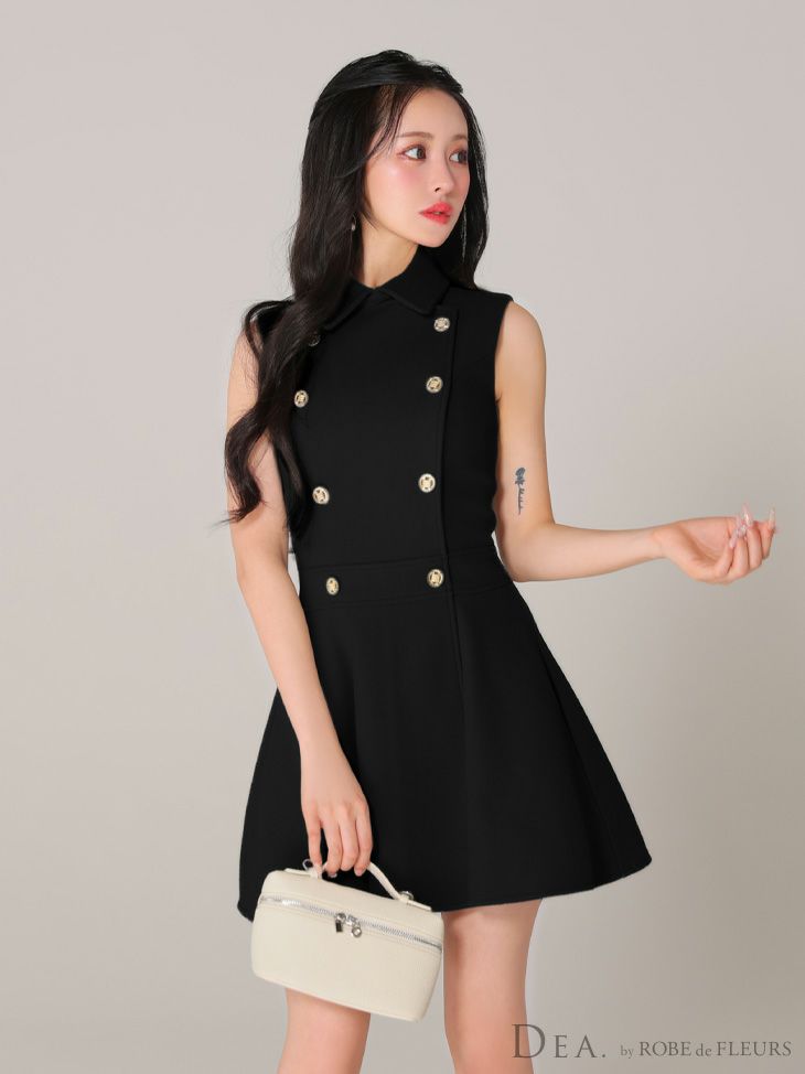 DEA. ディア バイ ローブドフルール 襟付きノースリーブダブルボタンフレアミニキャバドレス de3365
