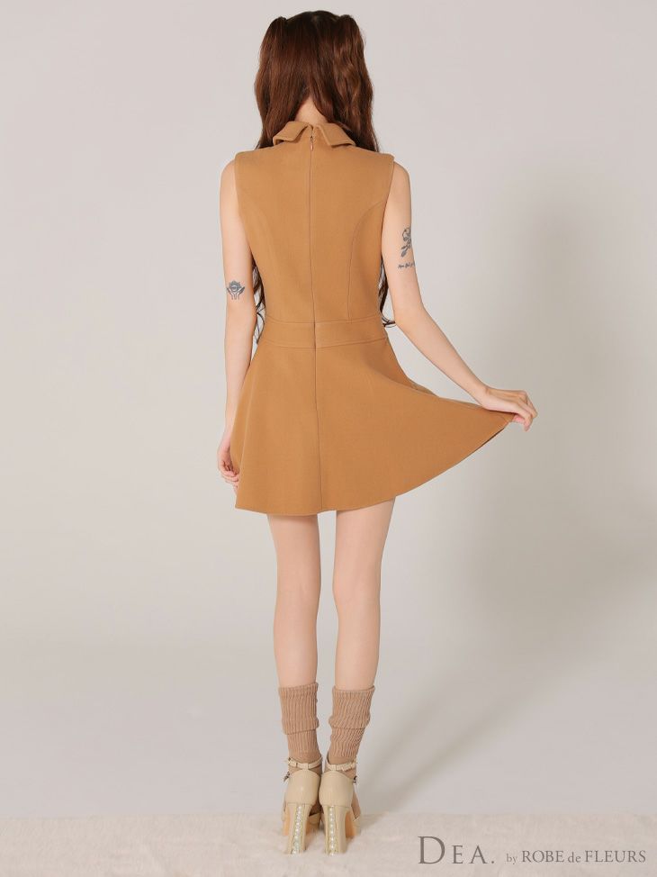 DEA. ディア バイ ローブドフルール 襟付きノースリーブダブルボタンフレアミニキャバドレス de3365