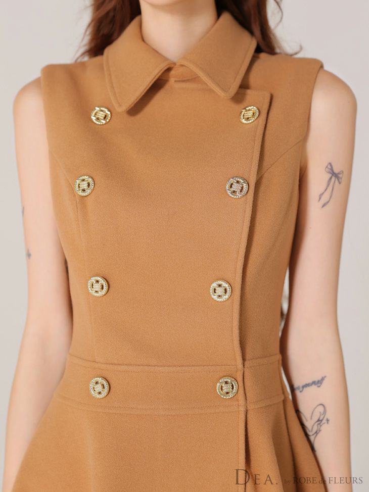 DEA. ディア バイ ローブドフルール 襟付きノースリーブダブルボタンフレアミニキャバドレス de3365