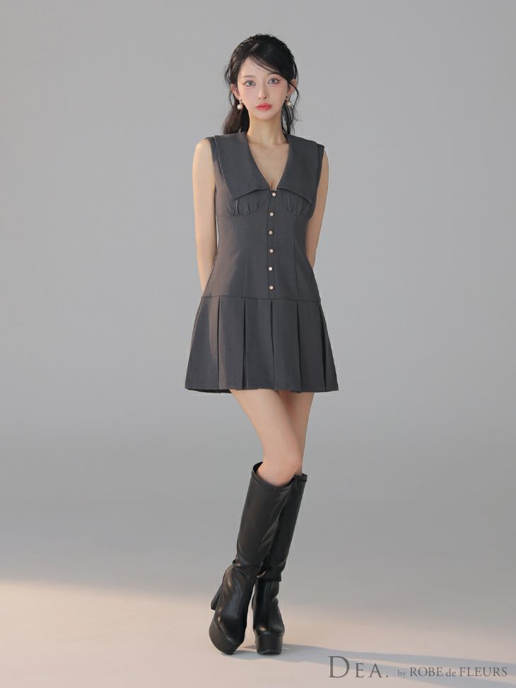 DEA. ディア バイ ローブドフルール ビッグカラーノースリーブプリーツフレアミニキャバドレス de3395-c