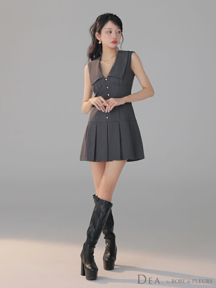 DEA. ディア バイ ローブドフルール ビッグカラーノースリーブプリーツフレアミニキャバドレス de3395-c