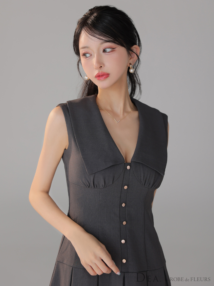 DEA. ディア バイ ローブドフルール ビッグカラーノースリーブプリーツフレアミニキャバドレス de3395-c