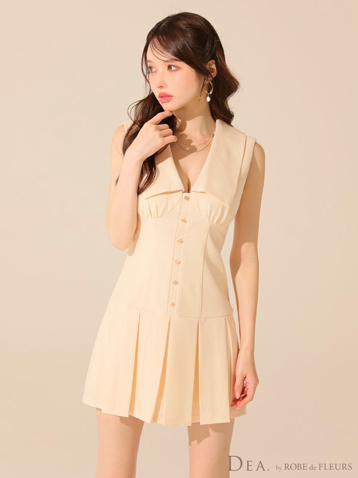 DEA. ディア バイ ローブドフルール ビッグカラーノースリーブプリーツフレアミニキャバドレス de3395-c