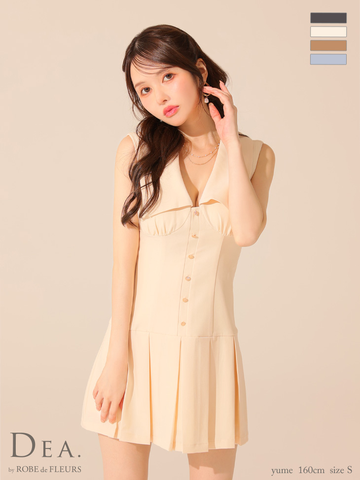 DEA. ディア バイ ローブドフルール ビッグカラーノースリーブプリーツフレアミニキャバドレス de3395