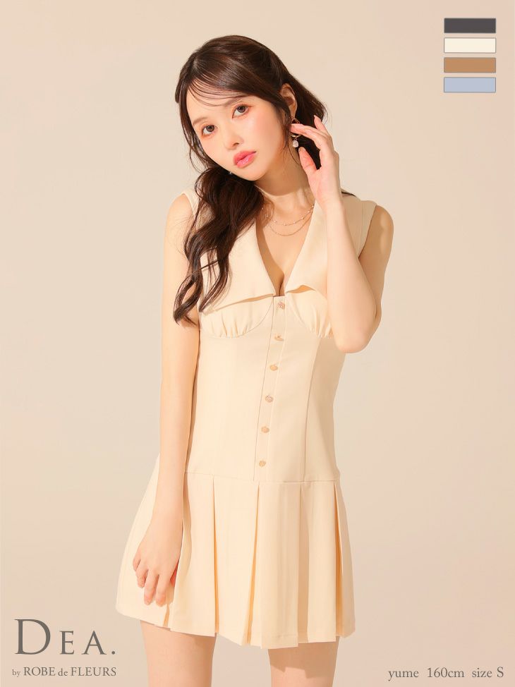 DEA. ディア バイ ローブドフルール ビッグカラーノースリーブプリーツフレアミニキャバドレス de3395