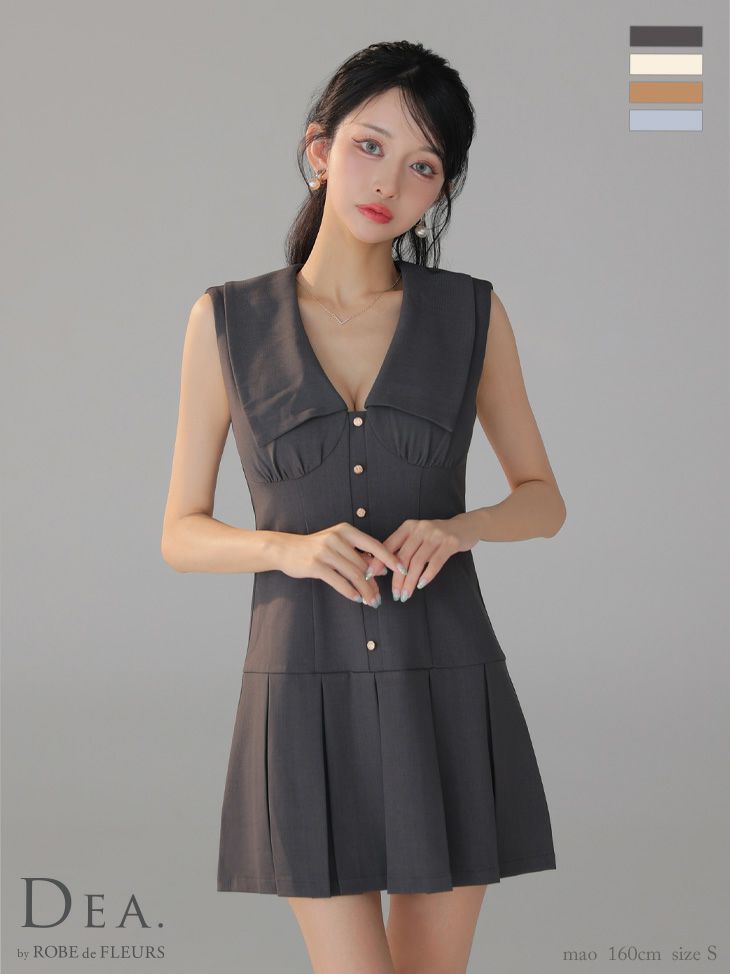 DEA. ディア バイ ローブドフルール ビッグカラーノースリーブプリーツフレアミニキャバドレス de3395