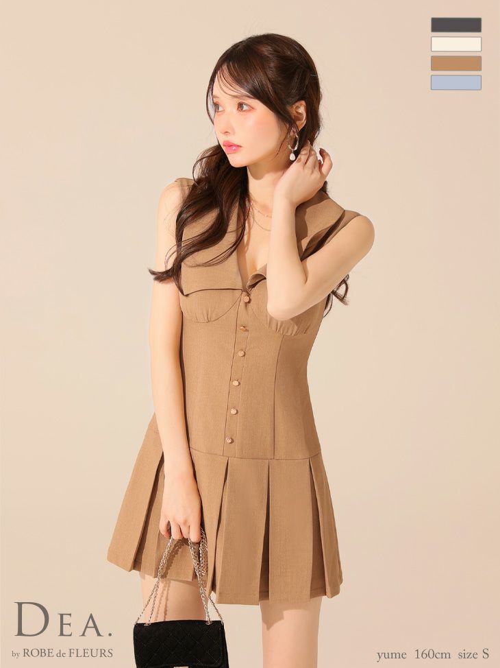 DEA. ディア バイ ローブドフルール ビッグカラーノースリーブプリーツフレアミニキャバドレス de3395