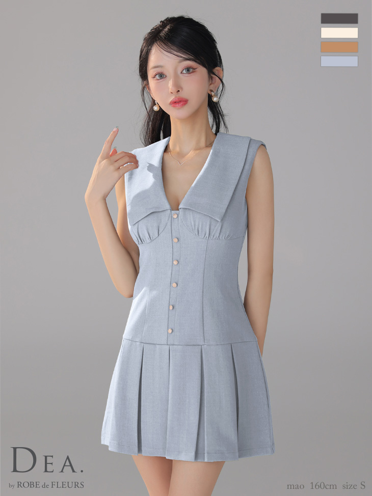 DEA. ディア バイ ローブドフルール ビッグカラーノースリーブプリーツフレアミニキャバドレス de3395