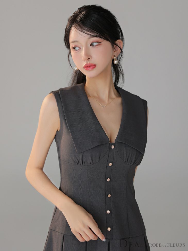 DEA. ディア バイ ローブドフルール ビッグカラーノースリーブプリーツフレアミニキャバドレス de3395