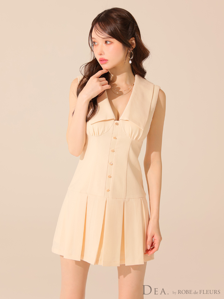 DEA. ディア バイ ローブドフルール ビッグカラーノースリーブプリーツフレアミニキャバドレス de3395