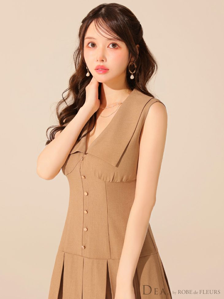 DEA. ディア バイ ローブドフルール ビッグカラーノースリーブプリーツフレアミニキャバドレス de3395