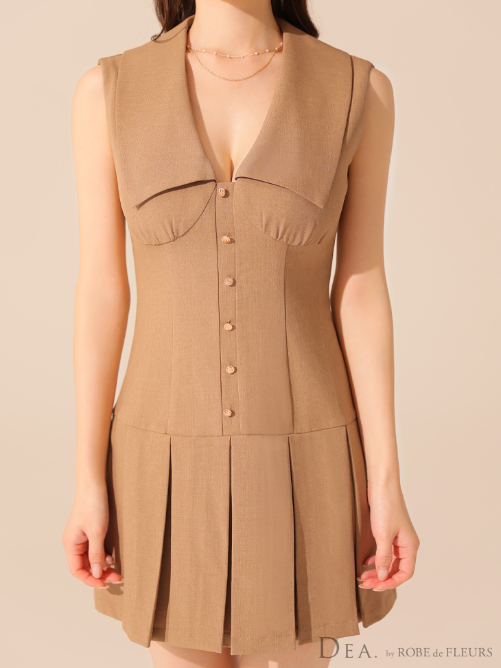 DEA. ディア バイ ローブドフルール ビッグカラーノースリーブプリーツフレアミニキャバドレス de3395