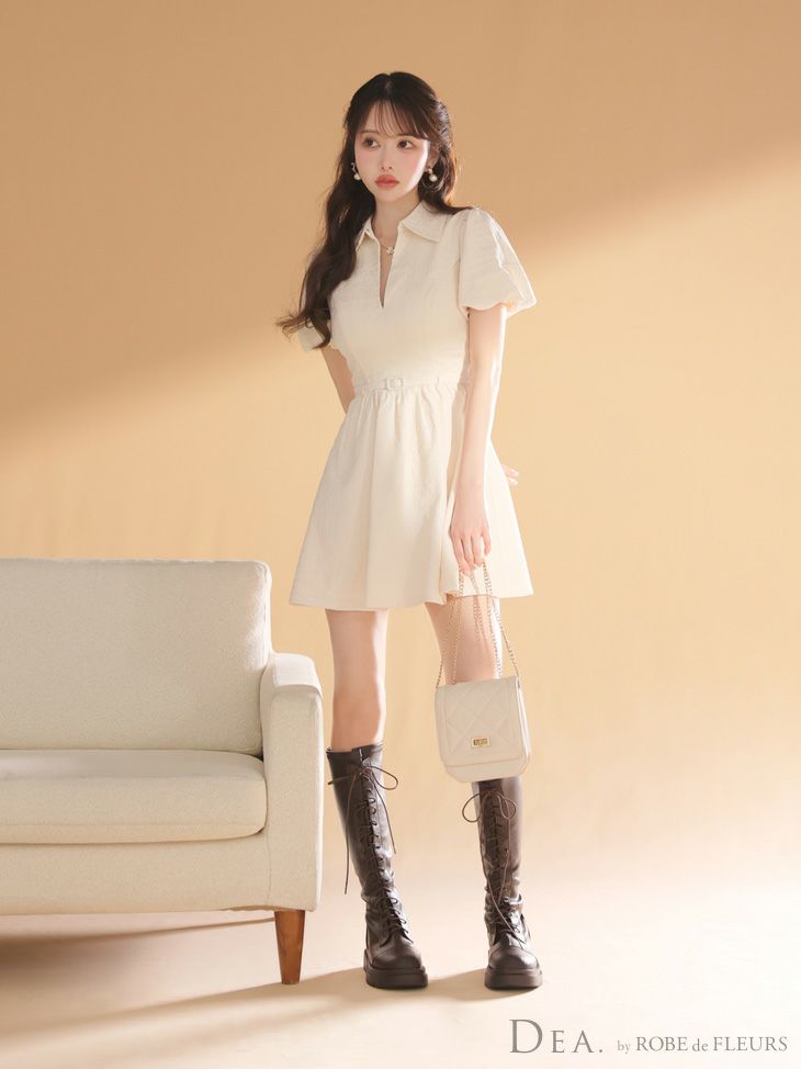 DEA. ディア バイ ローブドフルール ワッフル素材クラシカル襟付きフレアミニキャバドレス de4319-c