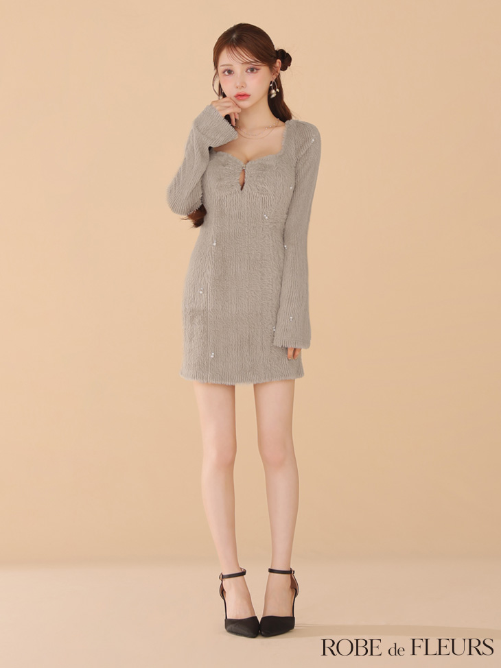 ROBE de FLEURS ローブドフルール フェザーニットパール付きタイトミニキャバドレス fm3475-c