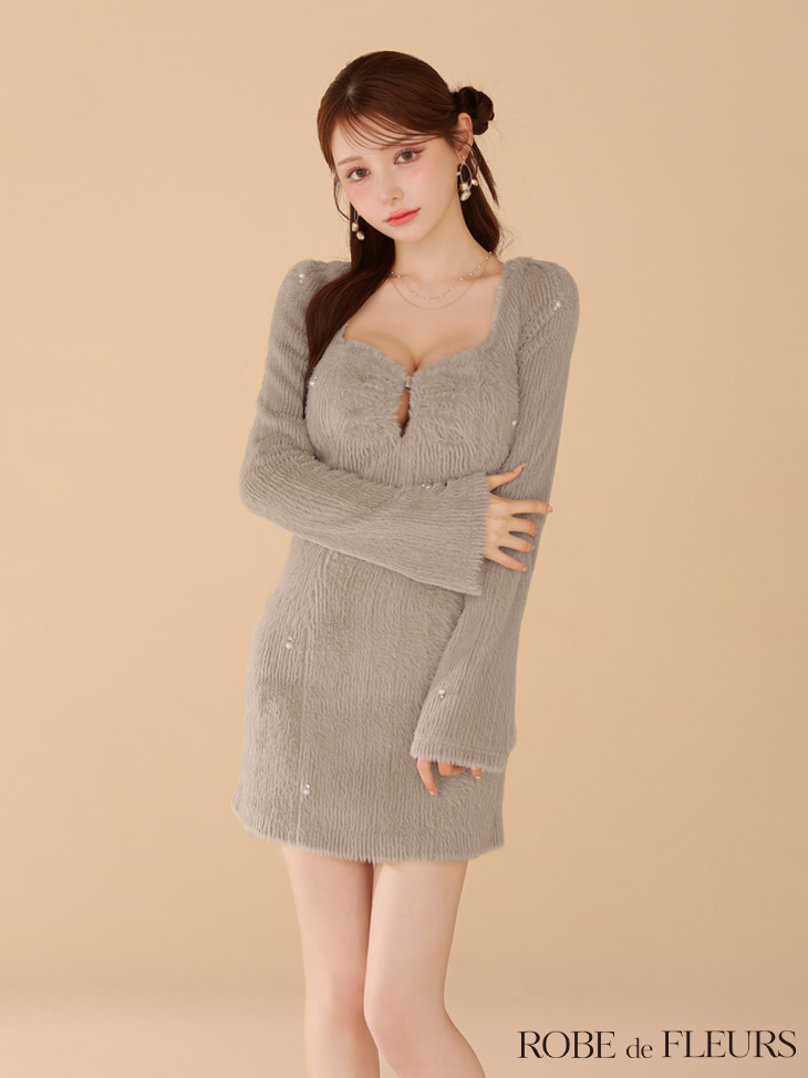 ROBE de FLEURS ローブドフルール フェザーニットパール付きタイトミニキャバドレス fm3475-c