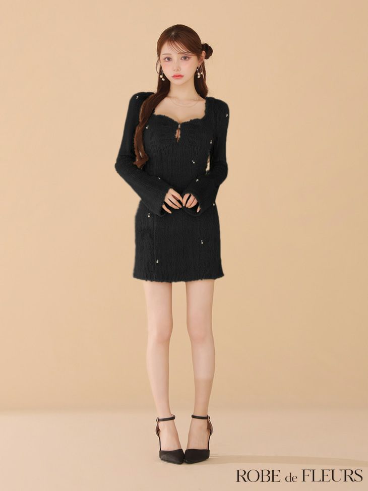 ROBE de FLEURS ローブドフルール フェザーニットパール付きタイトミニキャバドレス fm3475-c