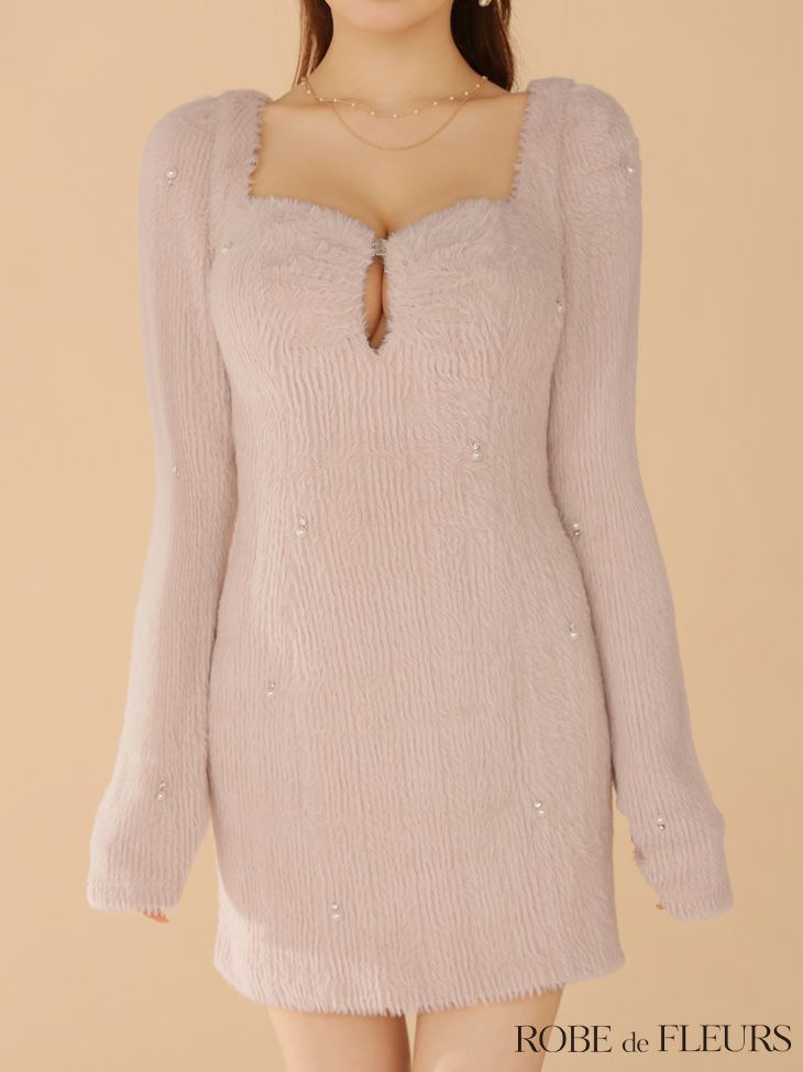 ROBE de FLEURS ローブドフルール フェザーニットパール付きタイトミニキャバドレス fm3475-c