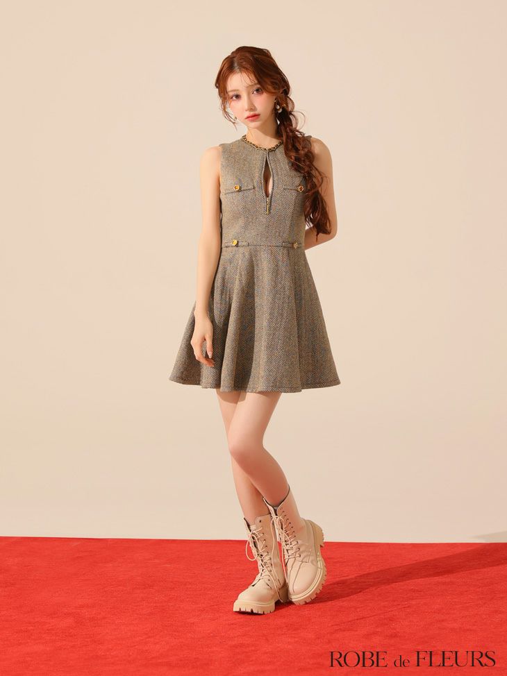 ROBE de FLEURS ローブドフルール 【XS～Lサイズあり】ゴールドボタンラメツイードフレアミニキャバドレス fm4128-c