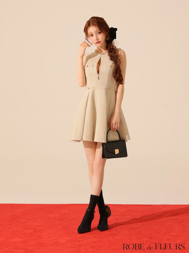 ROBE de FLEURS ローブドフルール 【XS～Lサイズあり】ゴールドボタンラメツイードフレアミニキャバドレス fm4128-c