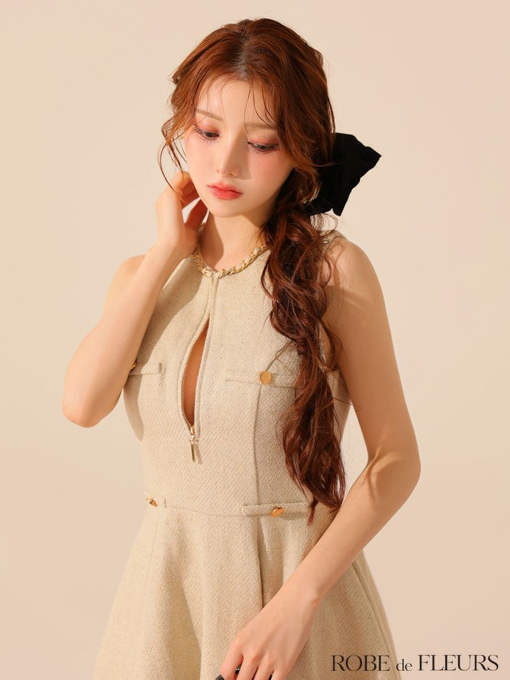 ROBE de FLEURS ローブドフルール 【XS～Lサイズあり】ゴールドボタンラメツイードフレアミニキャバドレス fm4128-c