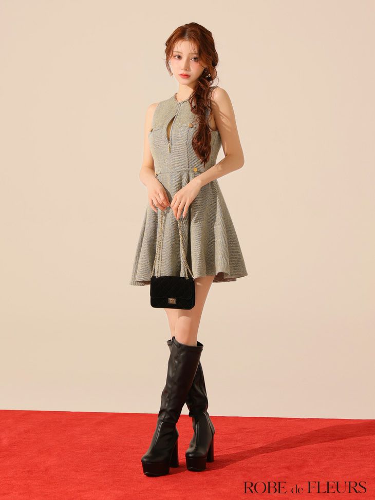 ROBE de FLEURS ローブドフルール 【XS～Lサイズあり】ゴールドボタンラメツイードフレアミニキャバドレス fm4128-c